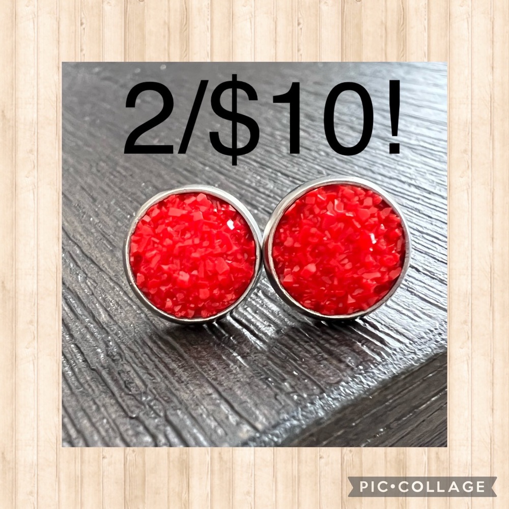 Faux Druzy Stud Earrings 10mm, red, stainless steel backs, BUNDLE & SAVE!